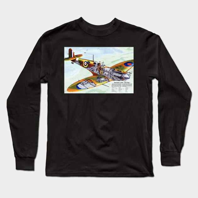 Restored Reprint of Britain's New Spitfire Airplane and Specs Poster Long Sleeve T-Shirt by vintageposterco